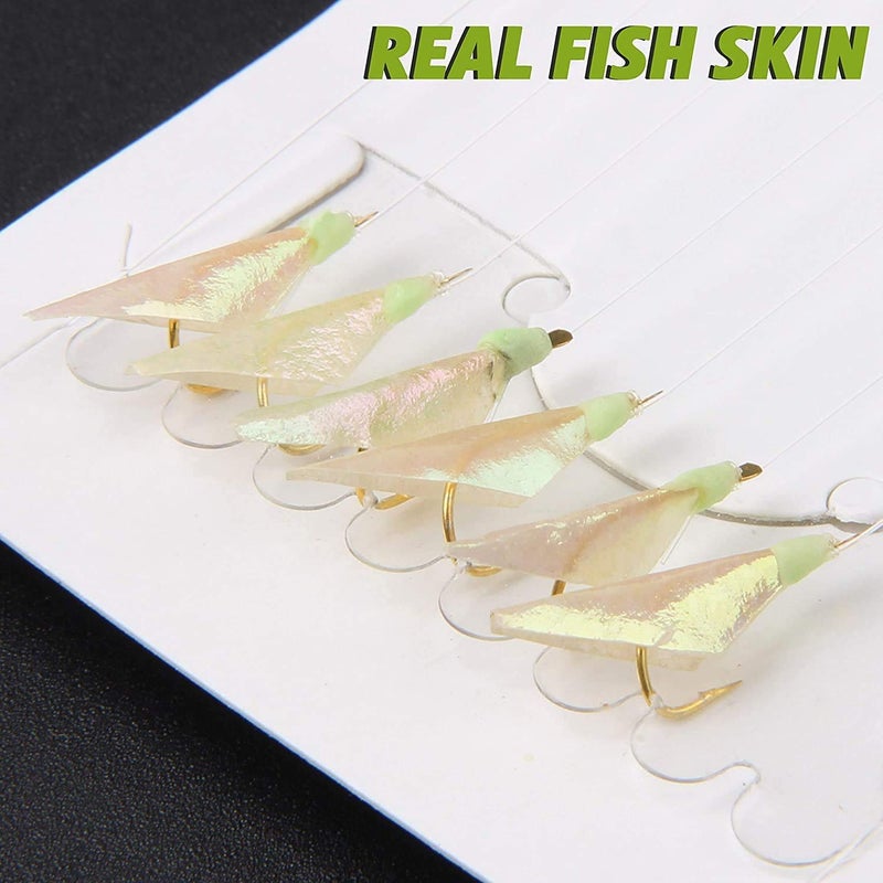 JSHANMEI Fishing Bait Rigs Set 15 Packs String Hooks Glow Lure Rig Saltwater Surf Fishing Rigs with Real Fish Skin, Sharp Hooks Swivels for Mackeral Herring Baitfish, Type B 8# - Image 4